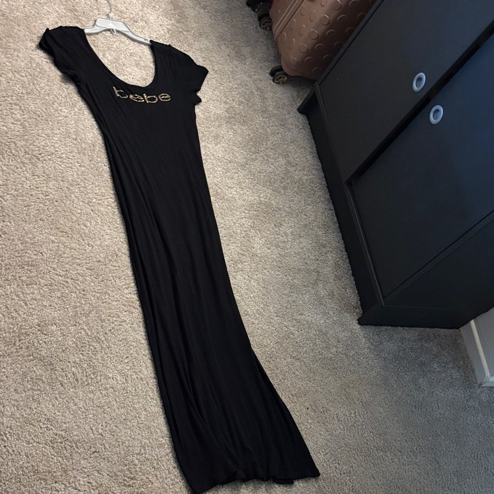 Bebe Black and Gold Logo Maxi Dress